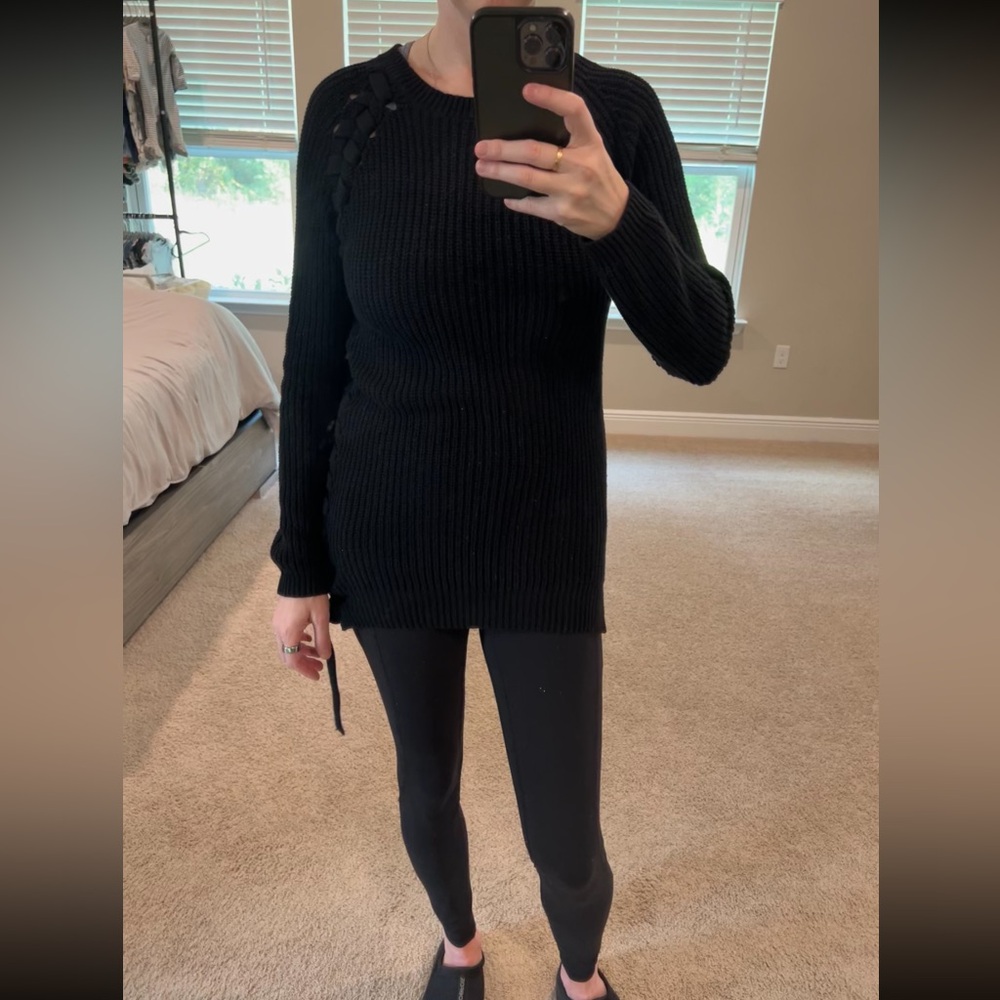 New Lulu's Stretch Black Knit Sweater Lace Up
